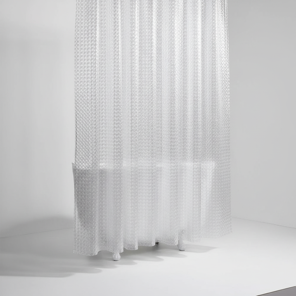 Clear waterproof shower curtain, 3D cube texture, fits contemporary bathrooms