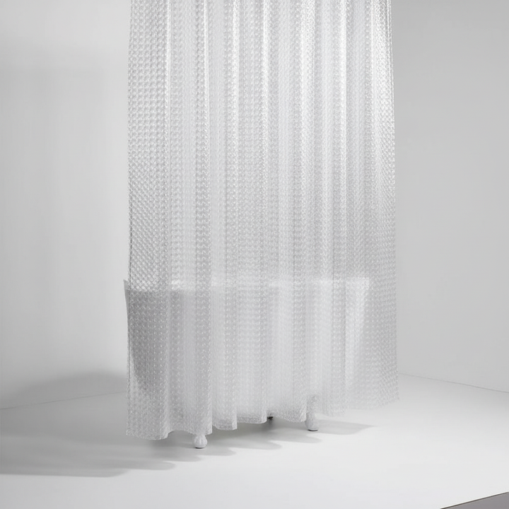 Clear waterproof shower curtain, 3D cube texture, fits contemporary bathrooms