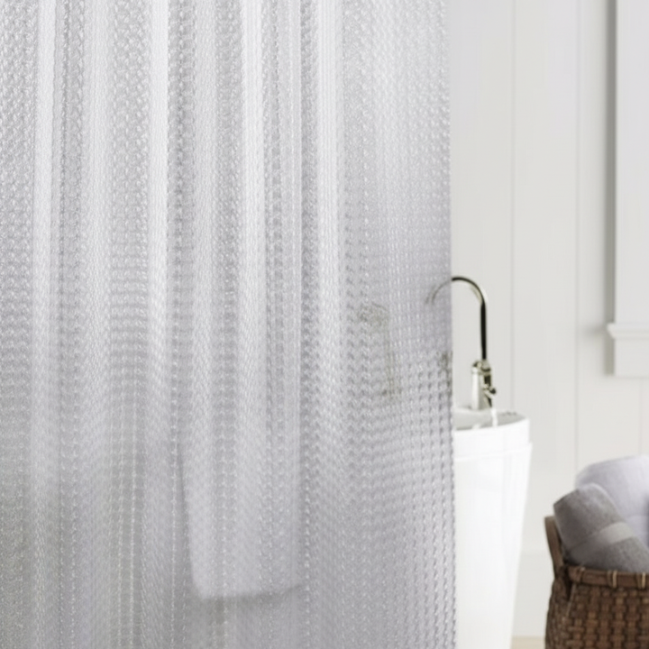 LumiCurtain EVA shower curtain, transparent with subtle 3D cube design