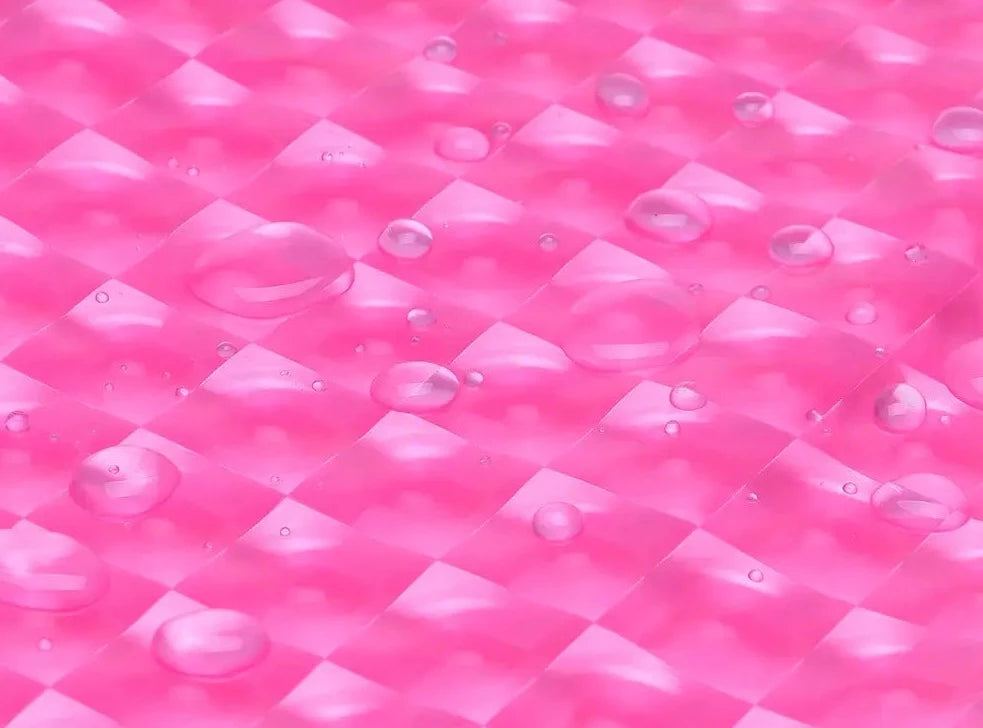 Detailed view of 3D cube pattern on a clear waterproof shower curtain