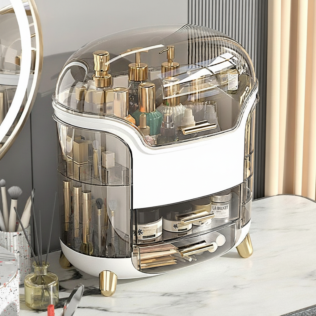 Transparent makeup organizer with multiple compartments for brushes, lipsticks, and skincare items, on a vanity