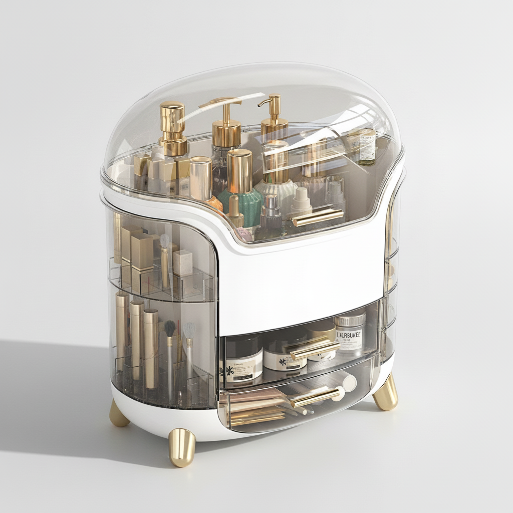 Clear acrylic cosmetic storage box, StyleHaven brand, filled with various beauty products for bathroom organization