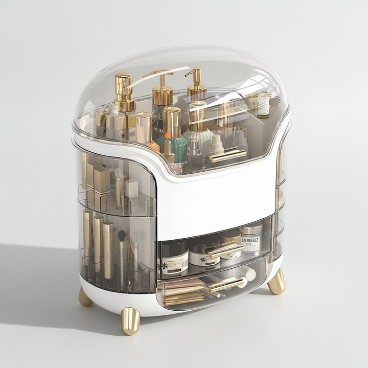 Clear acrylic cosmetic storage box, StyleHaven brand, filled with various beauty products for bathroom organization