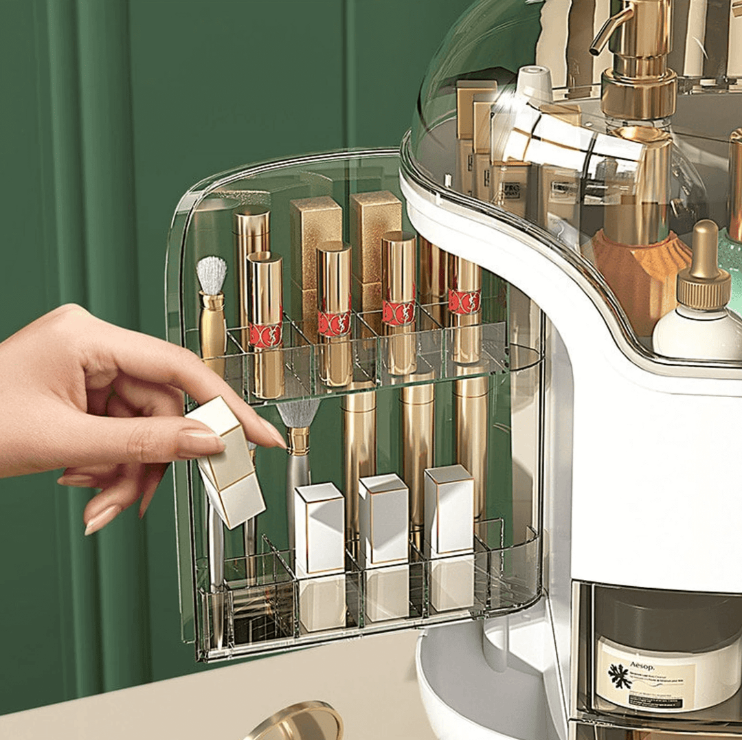 Portable clear beauty box for cosmetic storage, perfect for organizing skincare and makeup essentials