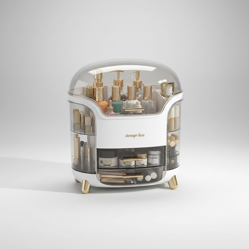 Close-up of a transparent makeup organizer displaying neatly arranged lip glosses, foundations, and brushes