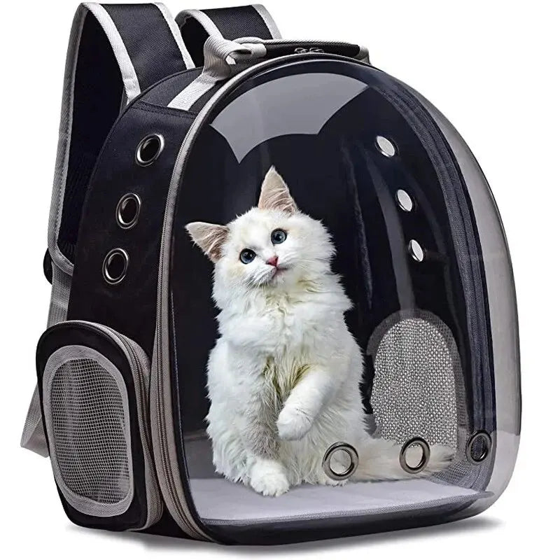 Transparent pet carrier backpack for small dogs & cats. Breathable travel bag ensures pet comfort & visibility.