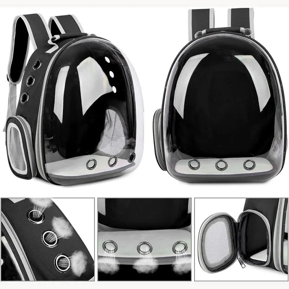 TravelPaw transparent dog & cat backpack. Ideal for pet travel, offering comfort & a clear view for small pets.