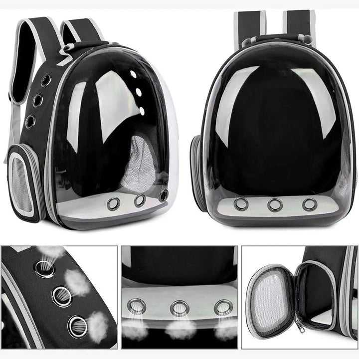 TravelPaw transparent dog & cat backpack. Ideal for pet travel, offering comfort & a clear view for small pets.