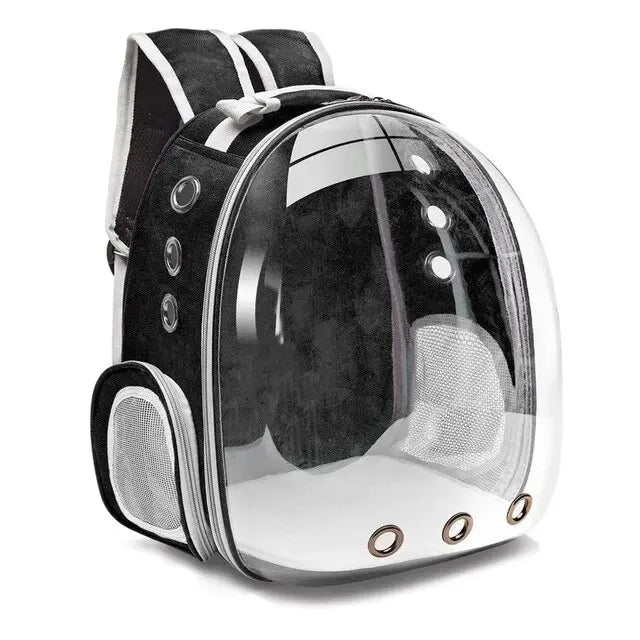 Ventilated transparent pet carrier backpack for small dogs & cats. Ensures comfort and fresh air on pet journeys.