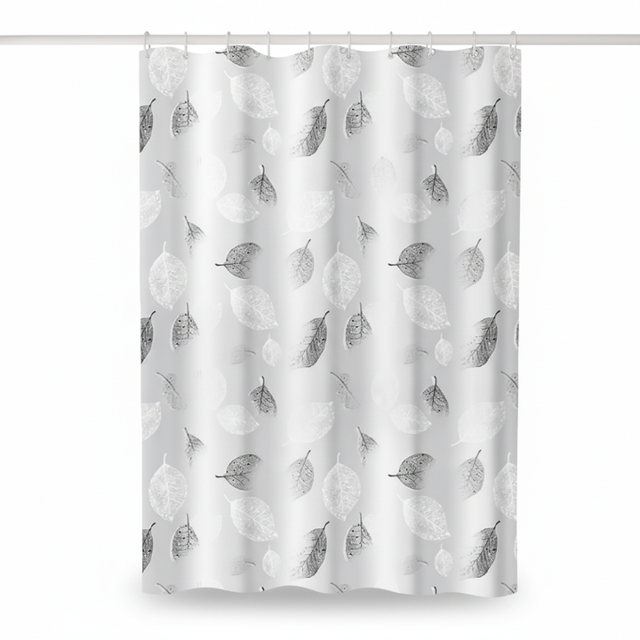 Stylish transparent shower curtain, AquaLeaf, featuring a graceful leaf motif for a refreshing bathroom look.