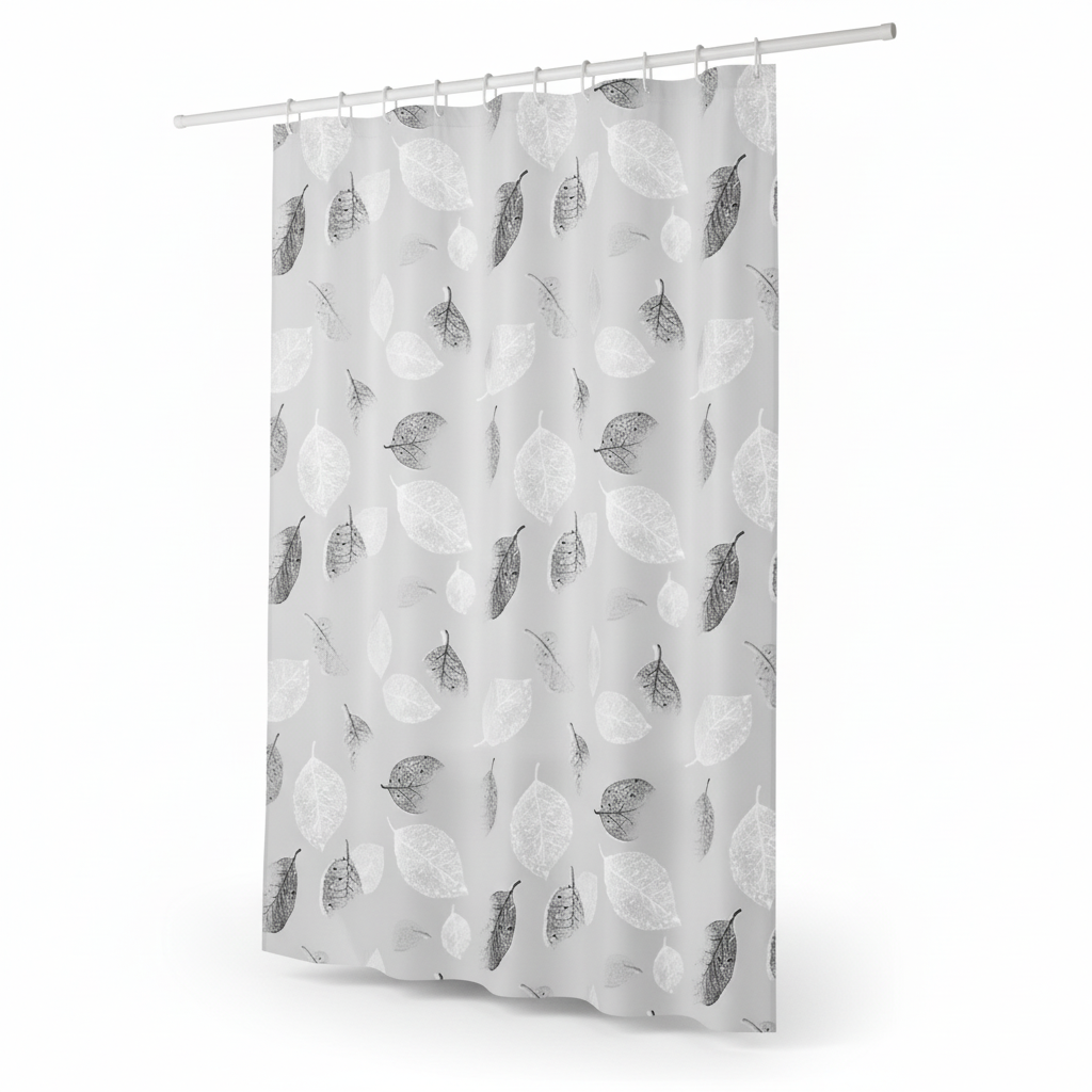 AquaLeaf transparent shower curtain with matching hooks, showcasing a subtle yet chic leaf motif. Bathroom.
