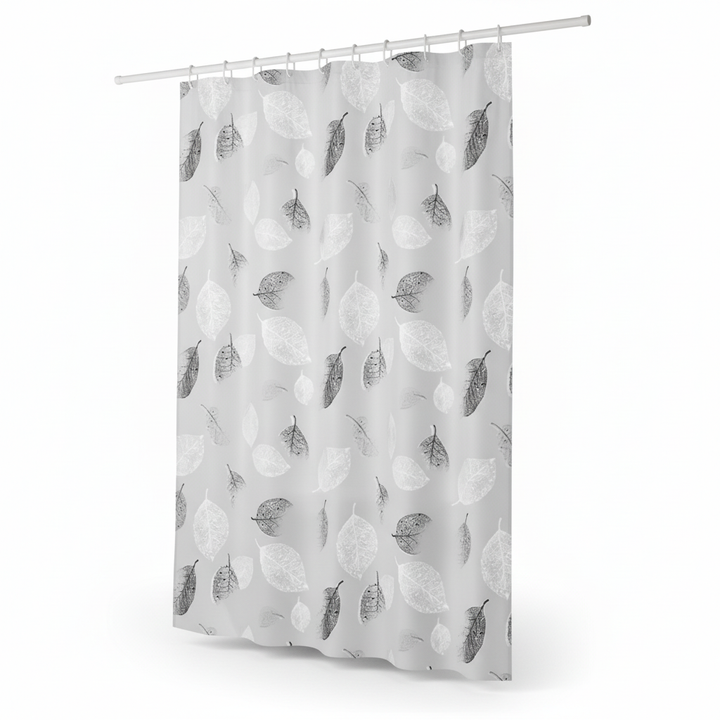 AquaLeaf transparent shower curtain with matching hooks, showcasing a subtle yet chic leaf motif. Bathroom.
