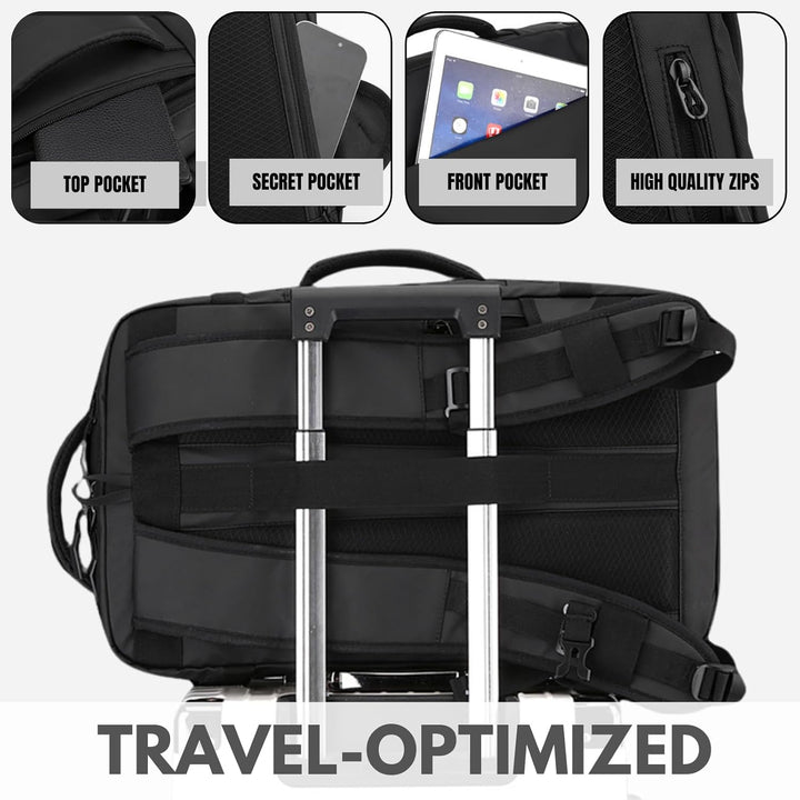 A person wearing the TrekPro 15-inch laptop backpack, demonstrating its comfortable fit.