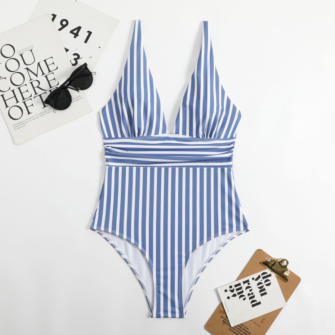 Fashionable Lina V-neck swimsuit with stripes, designed for women's summer beachwear