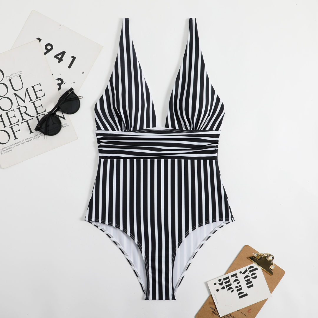 Stylish women's swimwear: a striped V-neck swimsuit perfect for sunny summer days