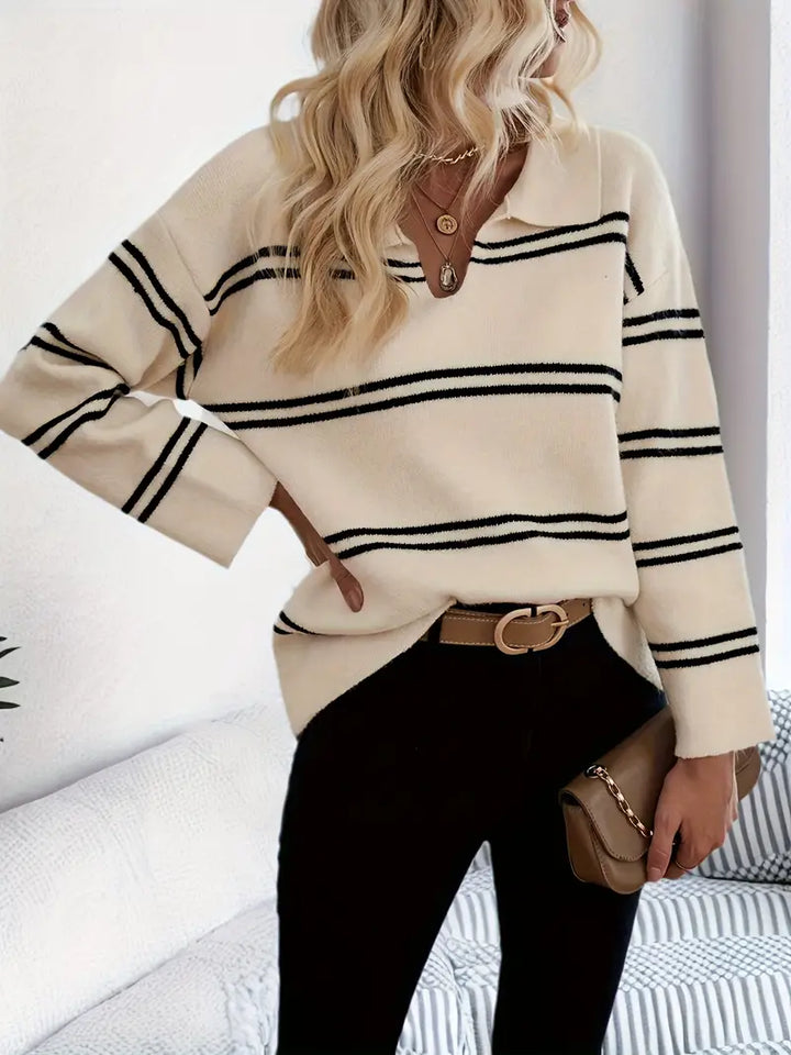 Stylish women's white long sleeve sweater, ideal for trendy autumn & winter fashion. Cozy and elegant for daily wear.