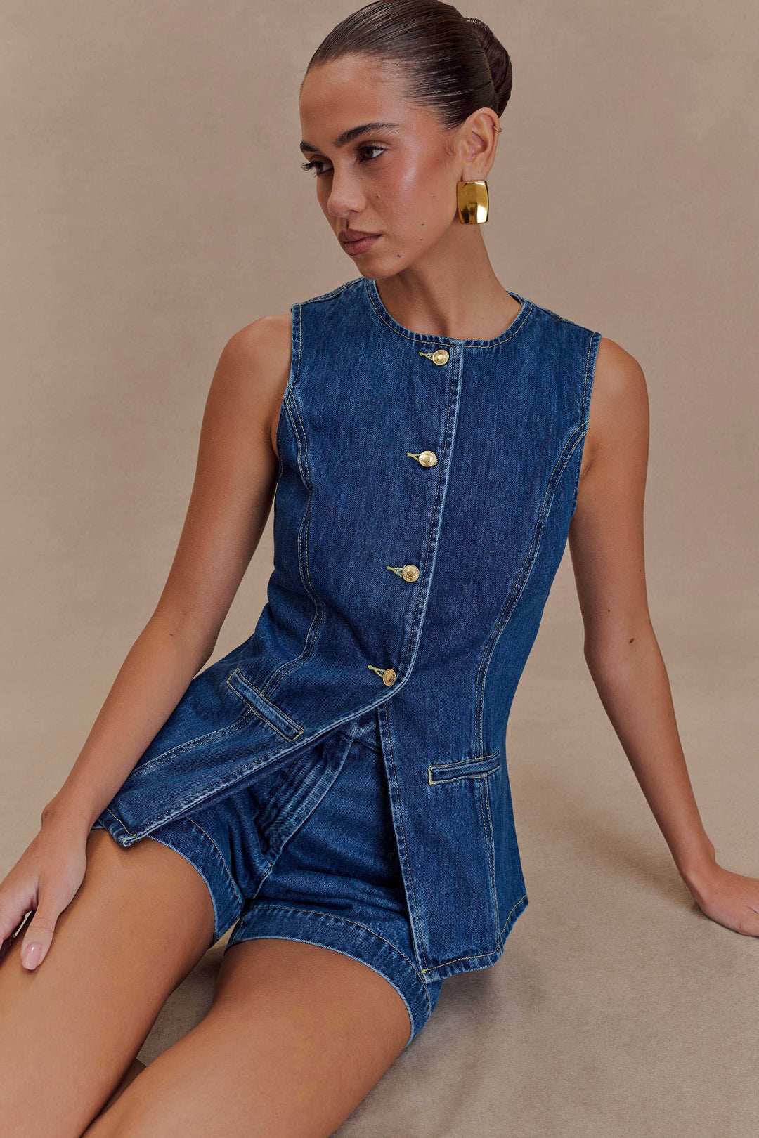 Comfortable women's blue denim two-piece set, ideal for a trendy casual outfit & everyday fashion.