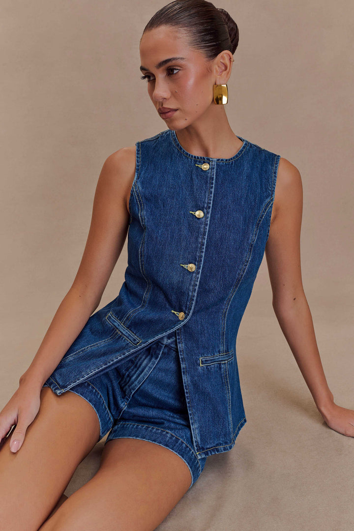 Comfortable women's blue denim two-piece set, ideal for a trendy casual outfit & everyday fashion.