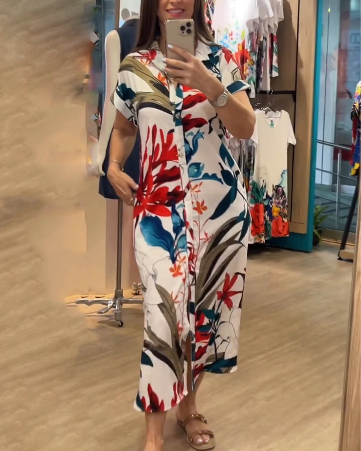 Stylish women's summer midi dress, featuring vibrant floral print and a comfortable, versatile design.