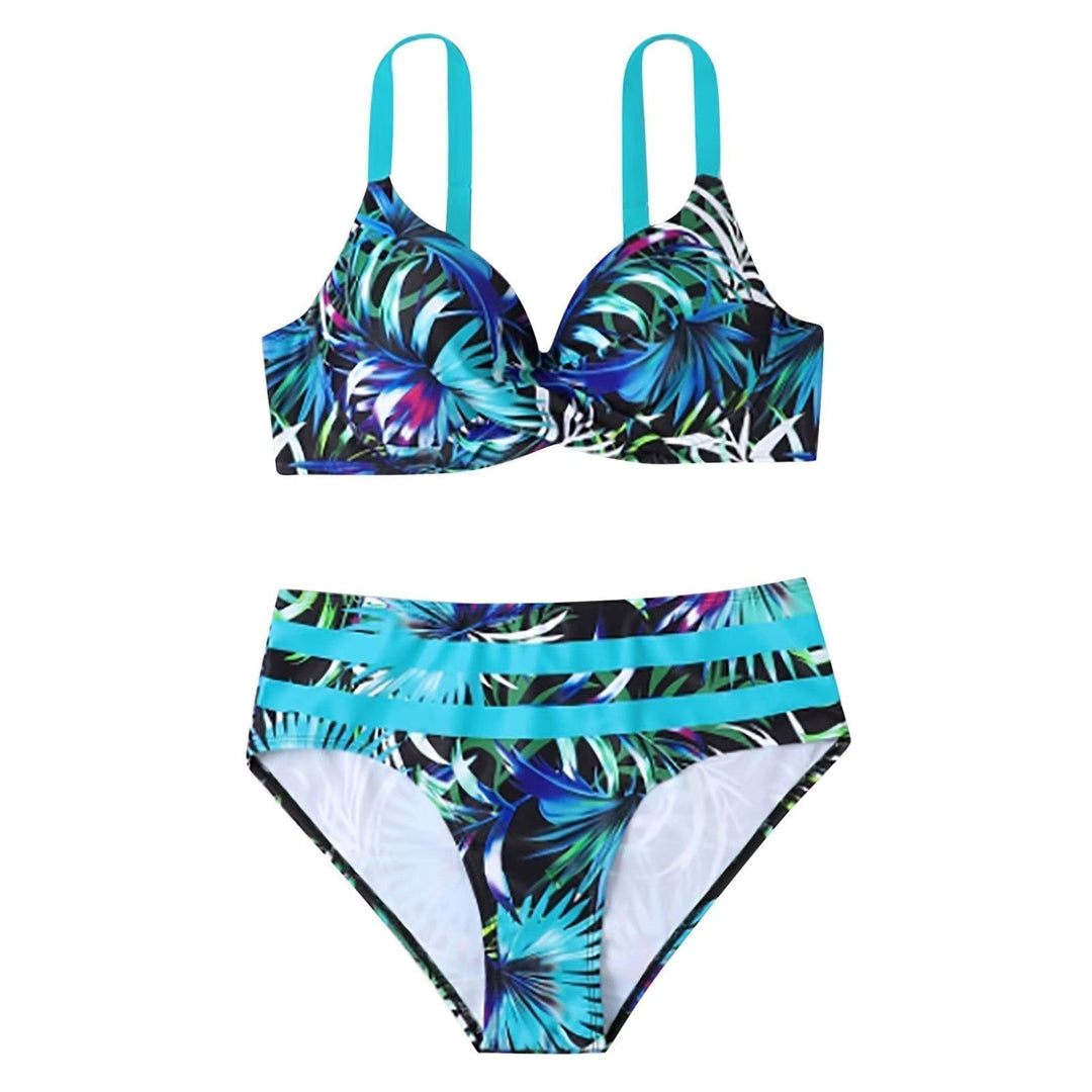Modern women's high-waisted swimwear. Trendy bikini set, padded and quick-drying, ideal for summer beach days.