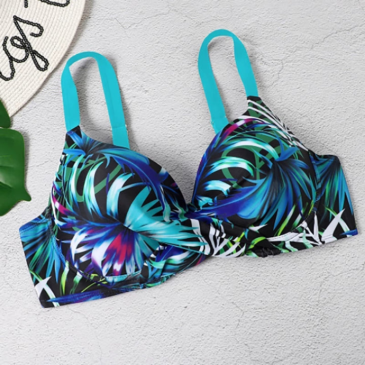 Vibrant women's high-waisted swimsuit. Trendy padded bikini set, quick-drying for a stylish summer beach look.