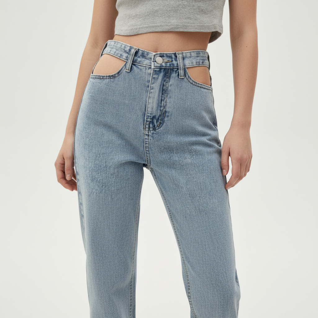 Marina high-waisted cutout jeans in a light wash denim, showcasing modern casual wear.