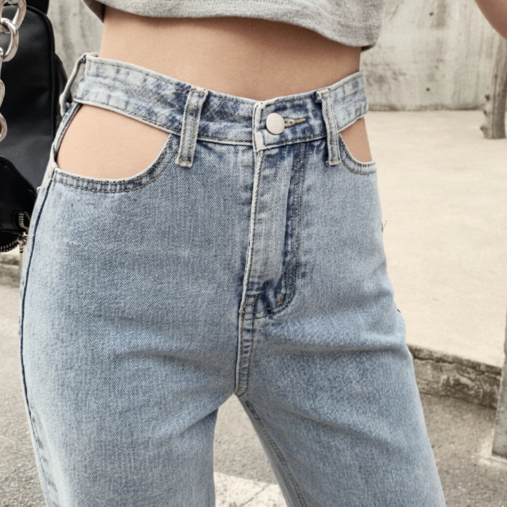 Full-length view of women's fashion denim jeans featuring a flattering high waist and unique cutouts.