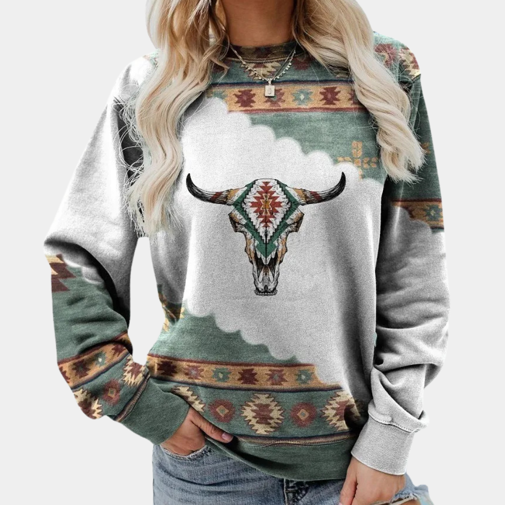 Trendy women's long sleeve sweatshirt with a unique graphic print, perfect for casual everyday comfort.