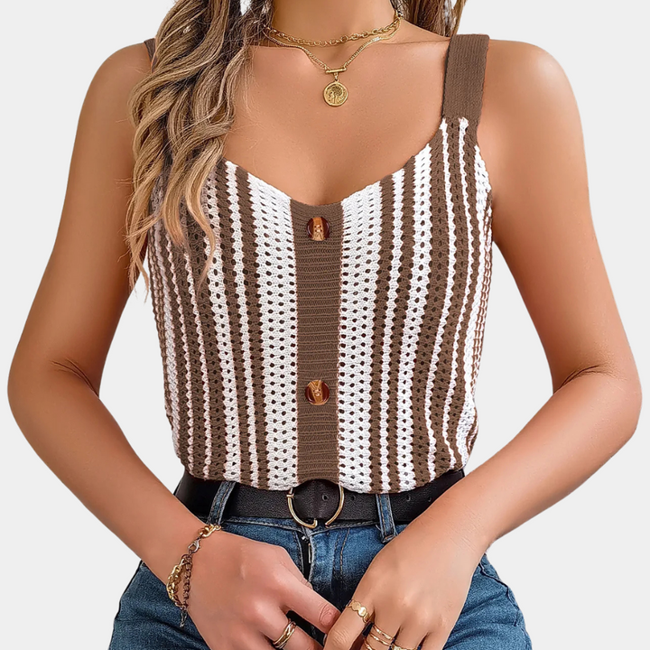 Trendy women's openwork striped summer top. Chic & comfortable, ideal for casual wear, vacation, & warm weather.