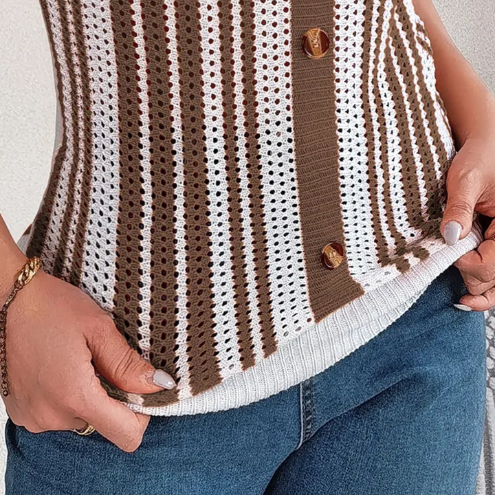 Comfortable women's openwork striped summer top. Breathable, trendy design for casual wear & stylish vacation looks.