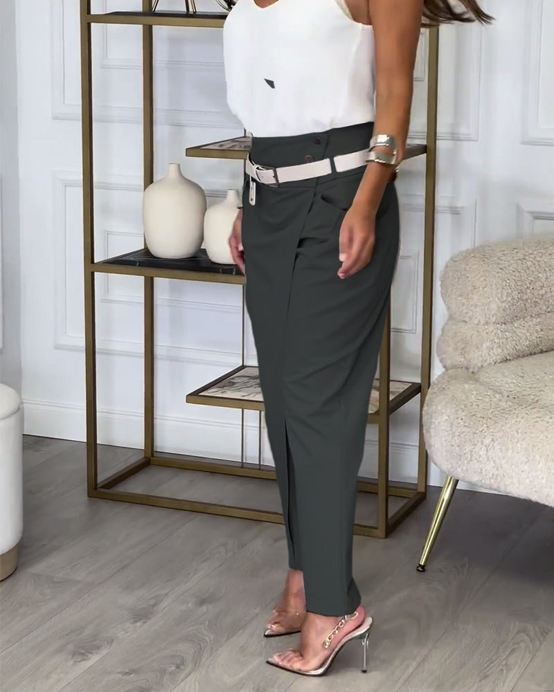 Relaxed fit women's patchwork trousers with belt, stylish and comfortable cotton pants.