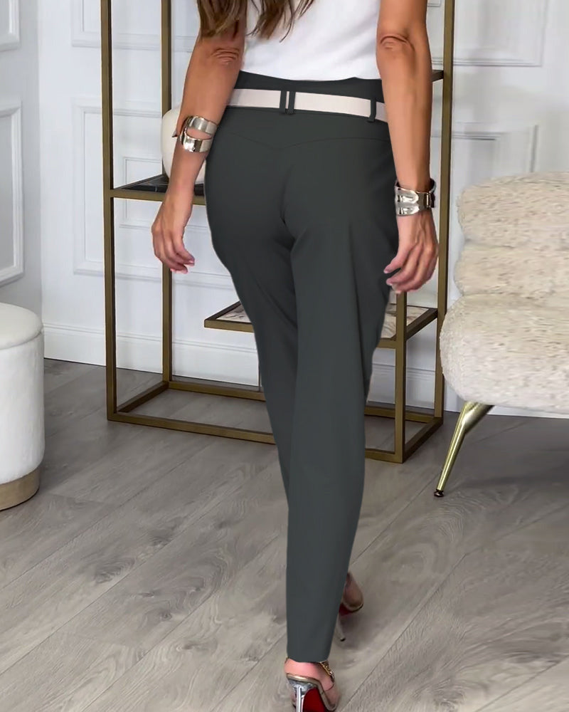 Casual women's patchwork trousers, trendy and comfortable belted cotton pants.