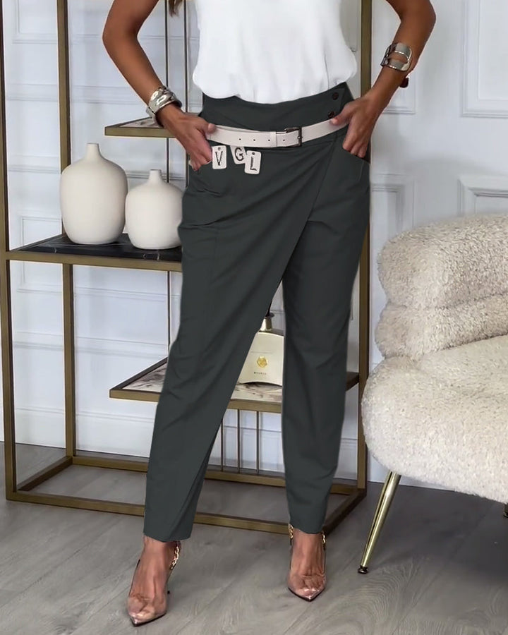 Women's trendy patchwork belted trousers, comfortable cotton pants for unique style.