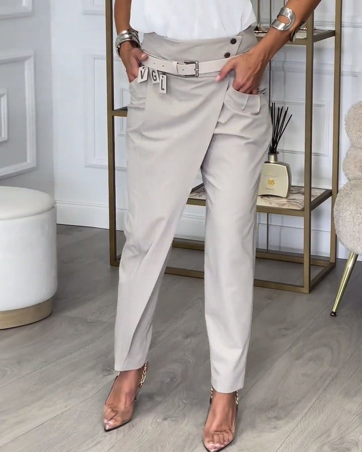 Fashionable women's belted patchwork trousers, unique cotton design.