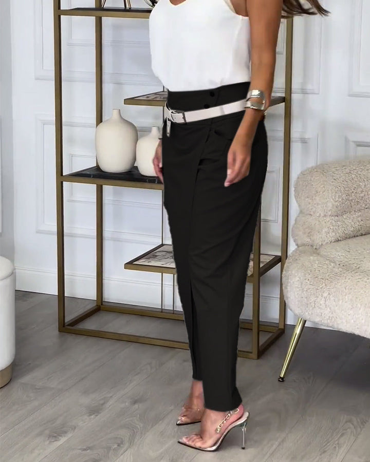 Modern women's patchwork trousers, trendy casual pants with a stylish belt.
