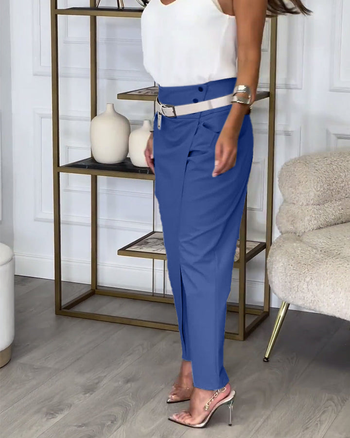 Unique women's patchwork cotton trousers, comfortable belted fashion statement.