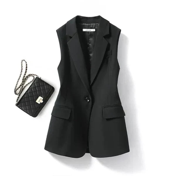 Chic women's sleeveless blazer vest, a trendy lapel outerwear piece. Perfect for business casual layering.