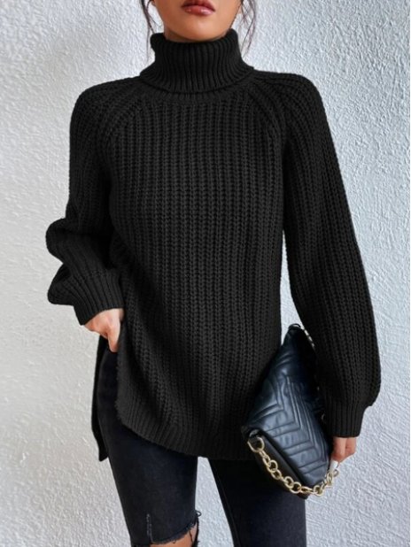 Cozy knit women's turtleneck sweater, ideal for warm winter fashion and elegant wear.