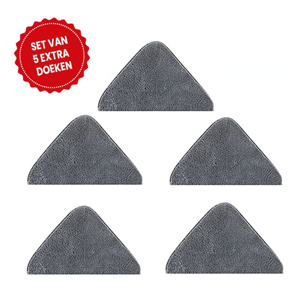 Triangular mop with extendable handle, designed for easy and thorough corner cleaning.