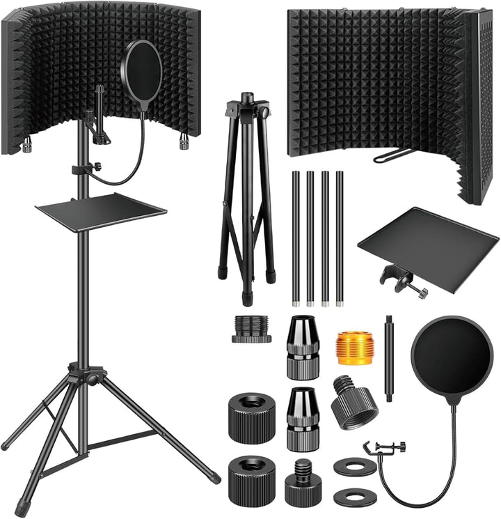 Triple-layer foldable microphone isolation shield with tripod stand for clear audio recording
