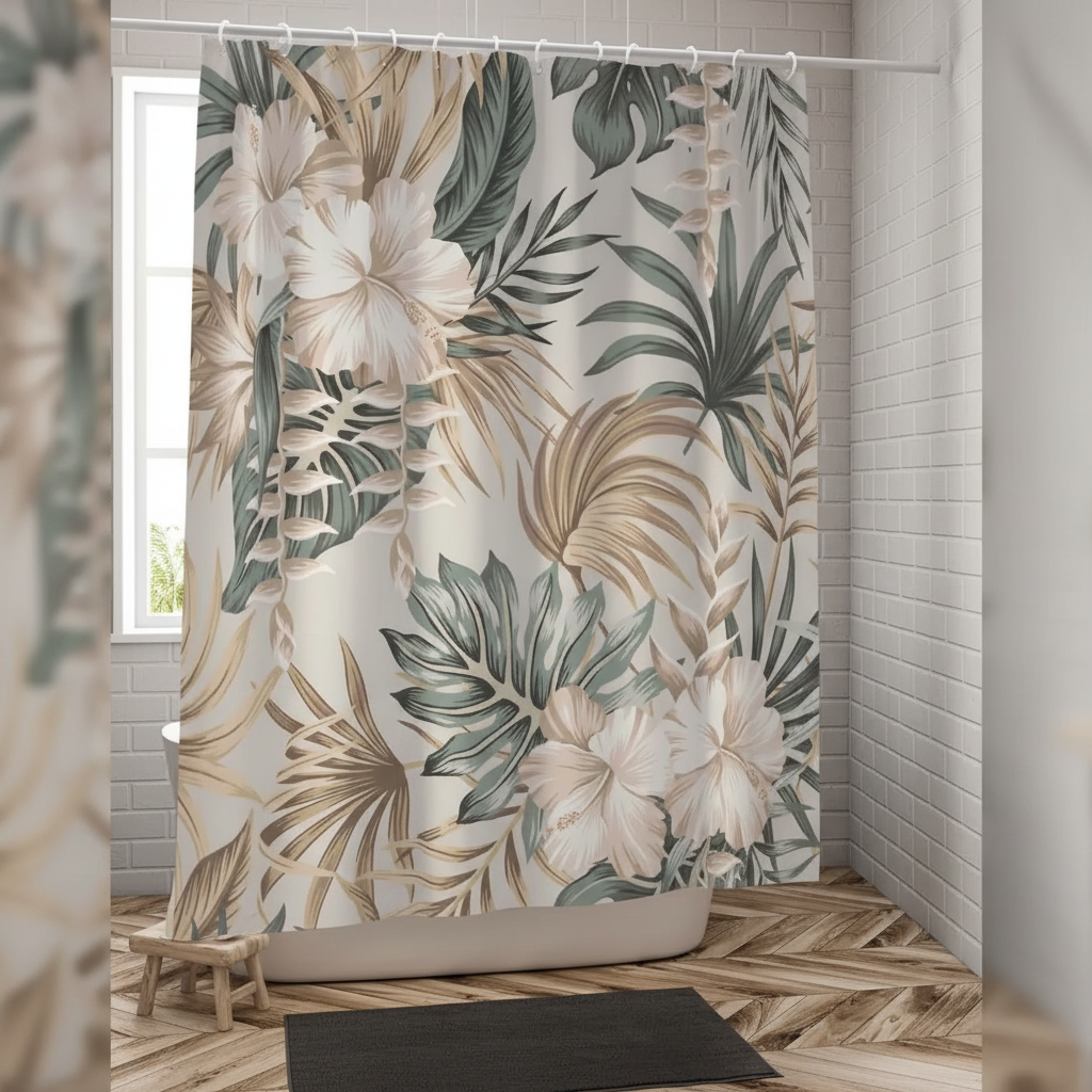 Tropical Leaf Waterproof Shower Curtain with monstera design for bathroom decor