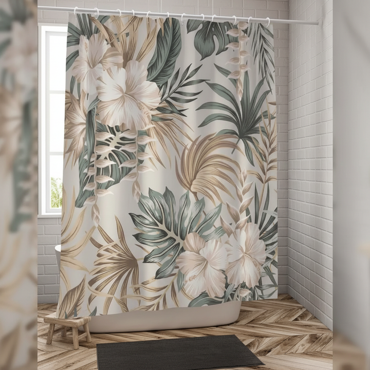 Tropical Leaf Waterproof Shower Curtain with monstera design for bathroom decor