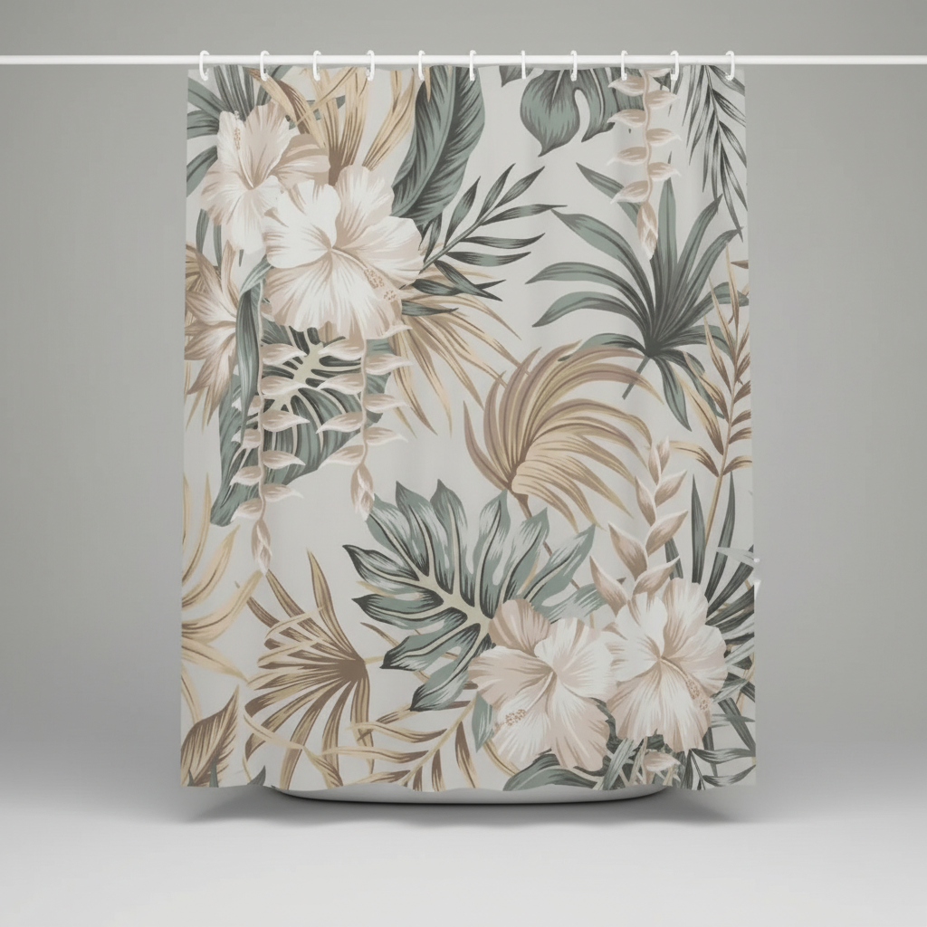 Water repellent shower curtain, 'TropiVeil' with tropical leaf pattern, easy care