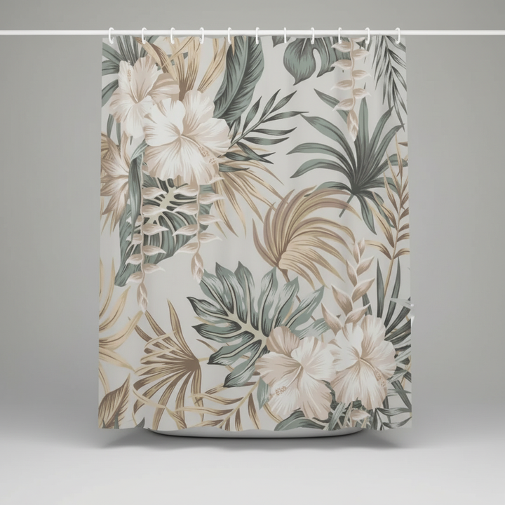 Water repellent shower curtain, 'TropiVeil' with tropical leaf pattern, easy care
