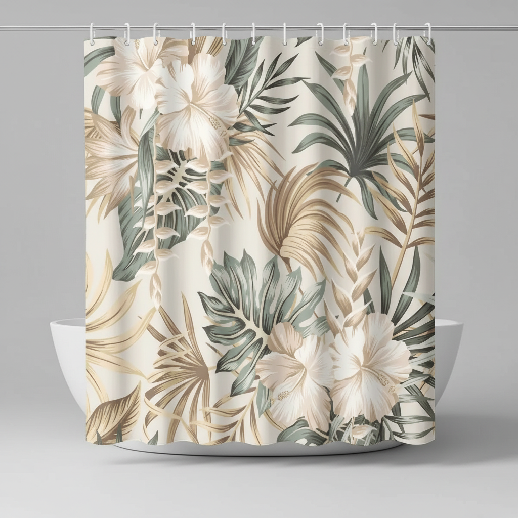 Privacy-enhancing tropical leaf shower curtain, easy care bathroom decor with monstera pattern