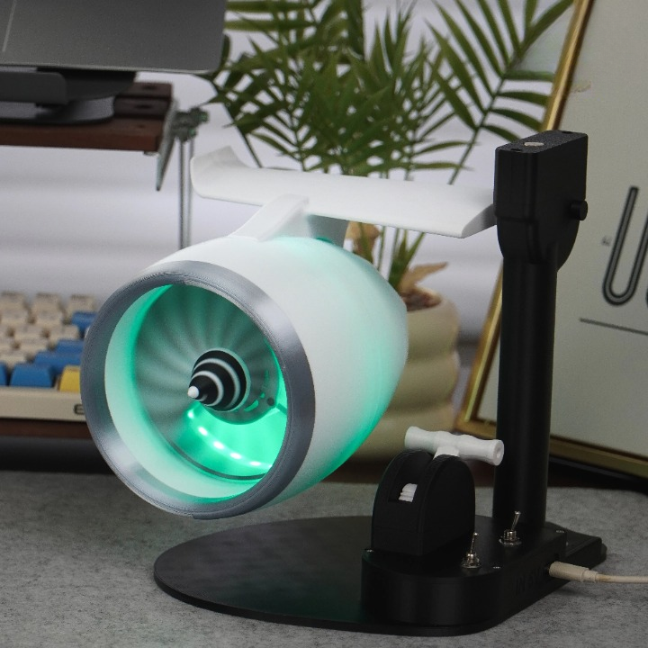 Bedroom scene with Turbojet fan humidifier providing cool mist and ambient RGB glow