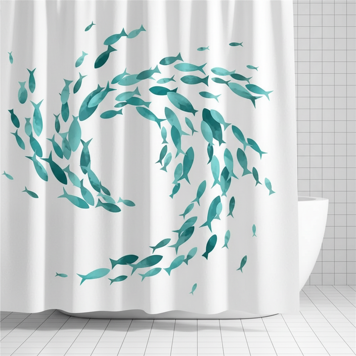 Turquoise fabric shower curtain with playful fish print, washable, with hooks, for nautical bathroom decor.