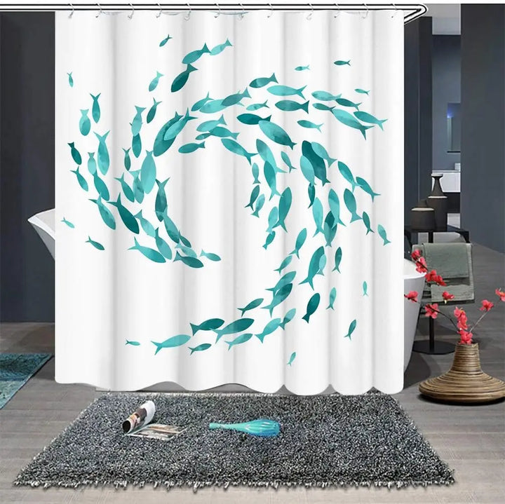 Bathroom shower curtain in turquoise fabric with fish design, water repellent, washable, includes 12 hanging hooks.