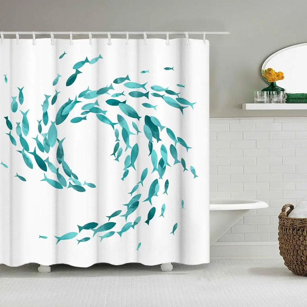 Home goods: turquoise fabric shower curtain with charming fish print, durable, washable, complete with hooks.