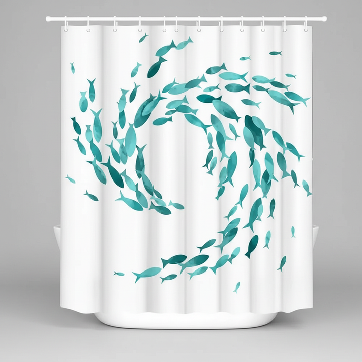 Washable turquoise shower curtain with aquatic fish design, water repellent for bathroom.